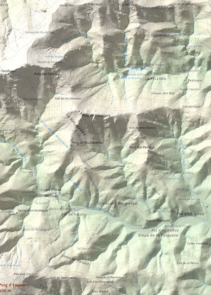 Mapa topográfico del relieve: Puig d'Esquers, 606 m. Detalle de la zona superior derecha. 50 × 70 cm.