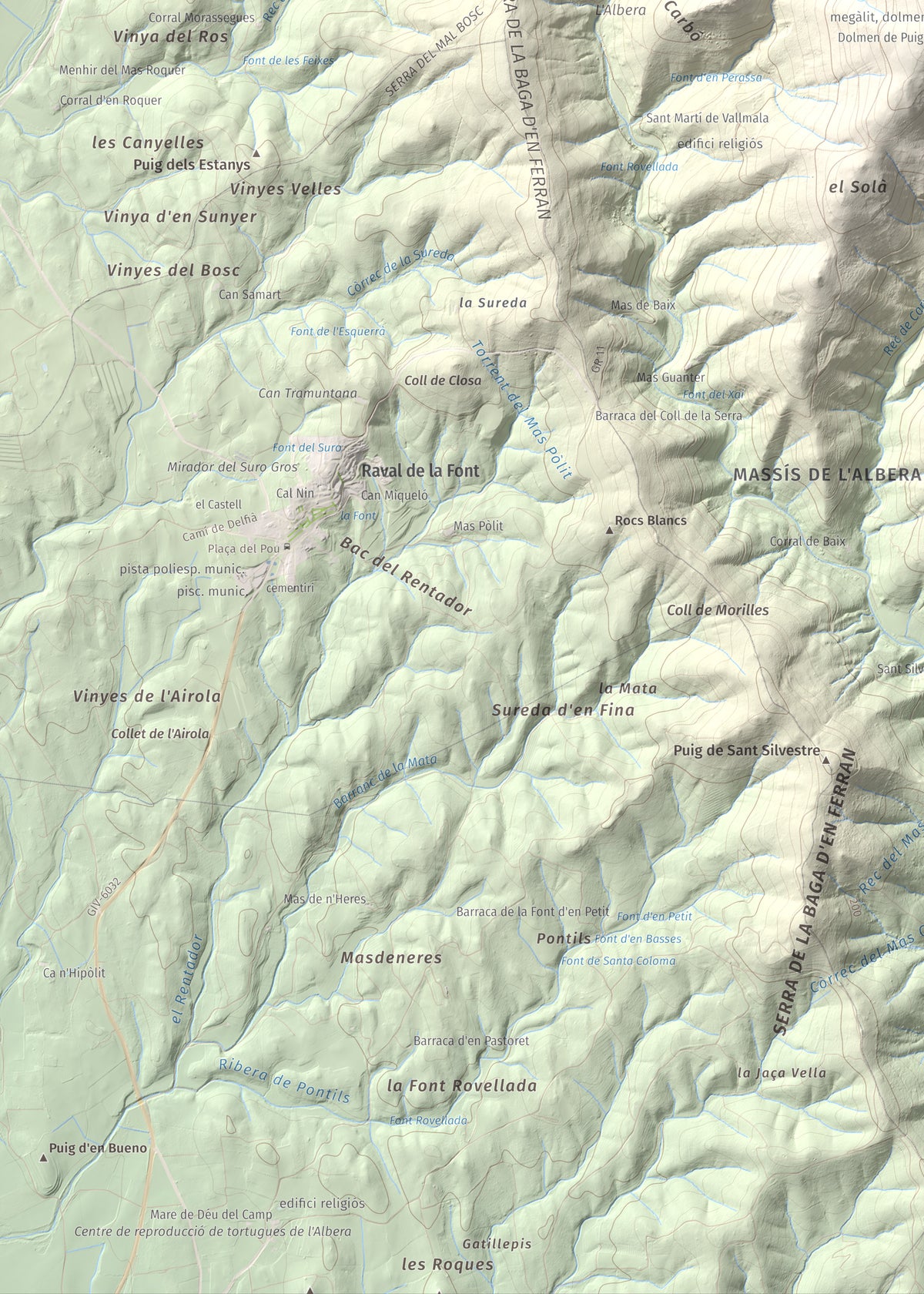 Mapa topográfico del relieve: Puig d'Esquers, 606 m. Detalle de la zona inferior izquierda. 50 × 70 cm.