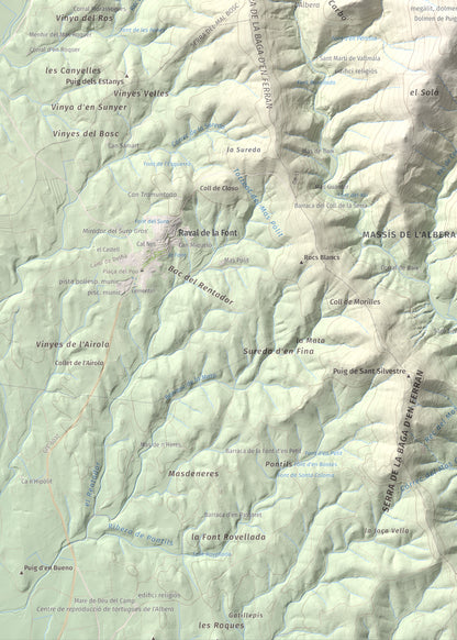 Mapa topográfico del relieve: Puig d'Esquers, 606 m. Detalle de la zona inferior izquierda. 50 × 70 cm.
