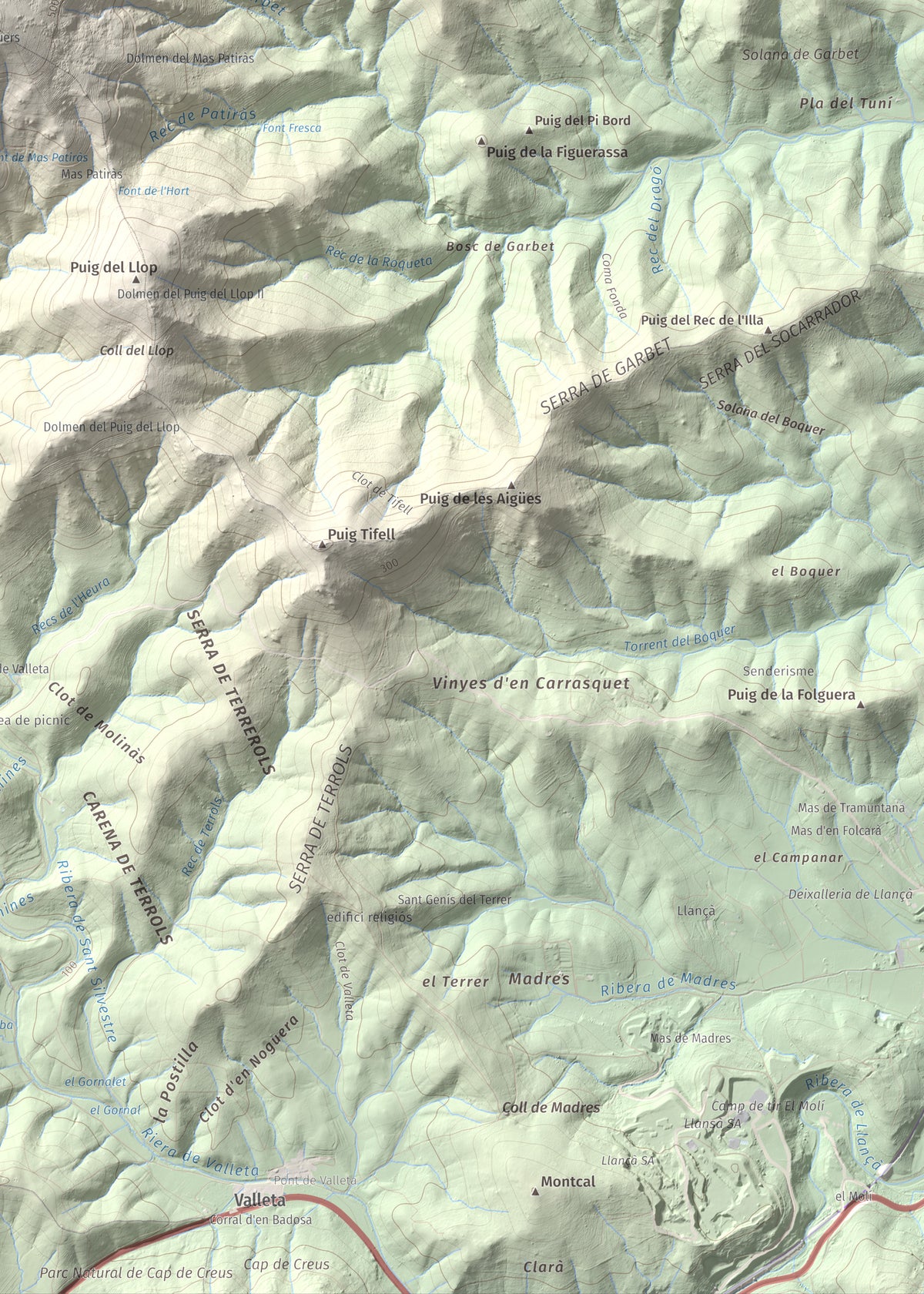 Mapa topográfico del relieve: Puig d'Esquers, 606 m. Detalle de la zona inferior derecha. 50 × 70 cm.
