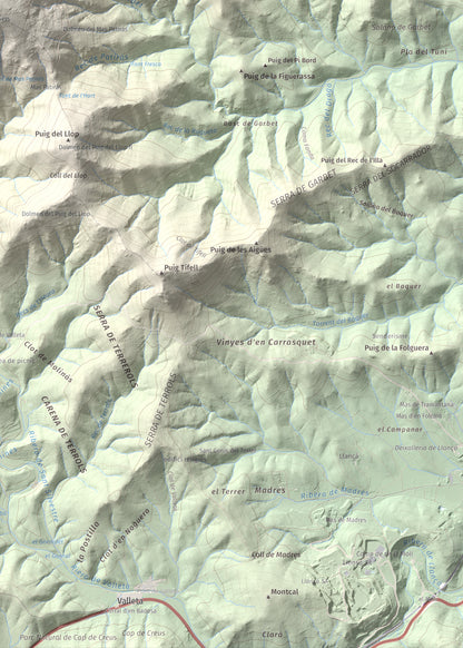 Mapa topográfico del relieve: Puig d'Esquers, 606 m. Detalle de la zona inferior derecha. 50 × 70 cm.