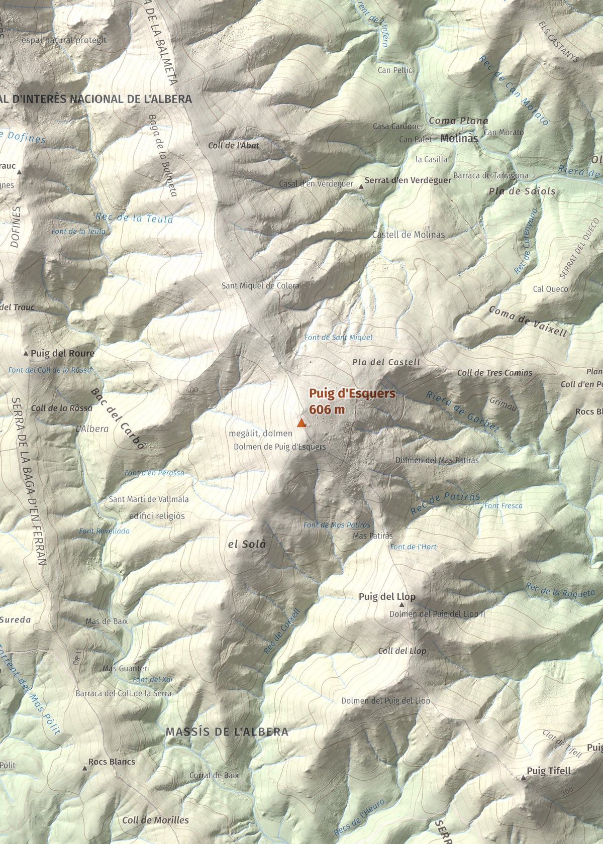Mapa topográfico del relieve: Puig d'Esquers, 606 m. Detalle de la zona central. 50 × 70 cm.