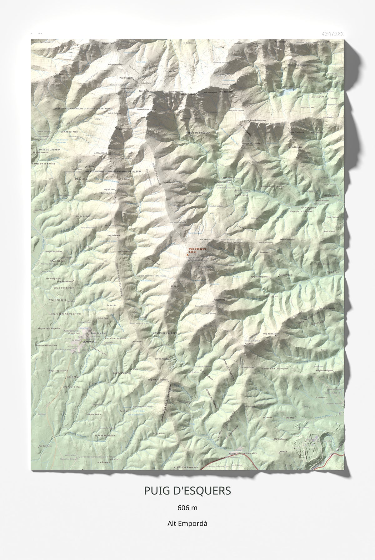 Mapa topográfico del relieve: Puig d'Esquers, 606 m. Lámina completa. 61 × 91 cm.