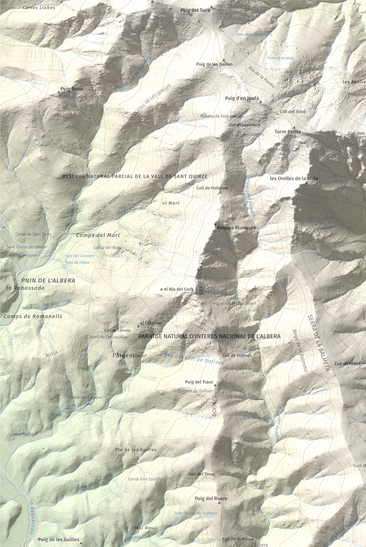 Mapa topográfico del relieve: Puig d'Esquers, 606 m. Detalle de la zona superior izquierda. 61 × 91 cm.