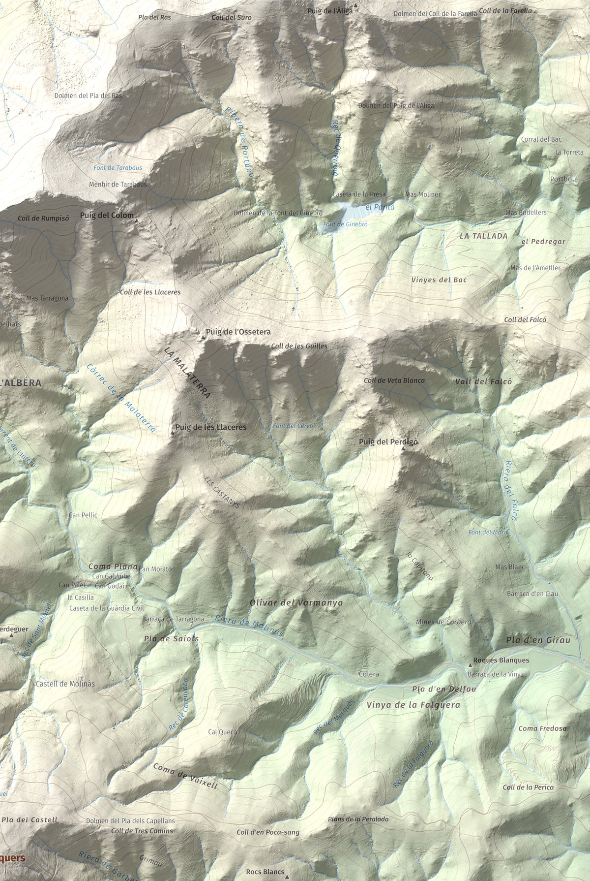 Mapa topográfico del relieve: Puig d'Esquers, 606 m. Detalle de la zona superior derecha. 61 × 91 cm.