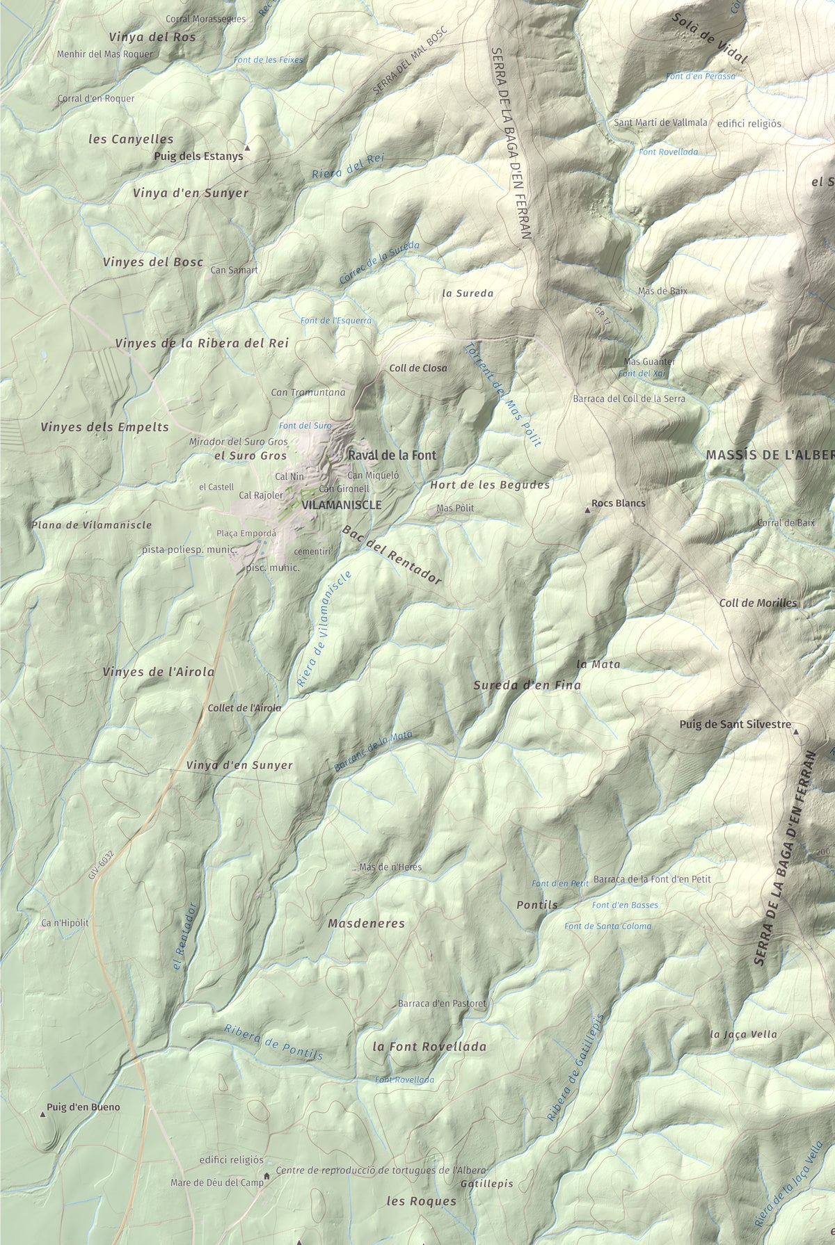 Mapa topográfico del relieve: Puig d'Esquers, 606 m. Detalle de la zona inferior izquierda. 61 × 91 cm.