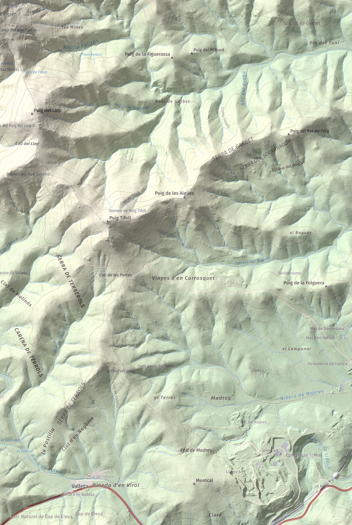 Mapa topográfico del relieve: Puig d'Esquers, 606 m. Detalle de la zona inferior derecha. 61 × 91 cm.