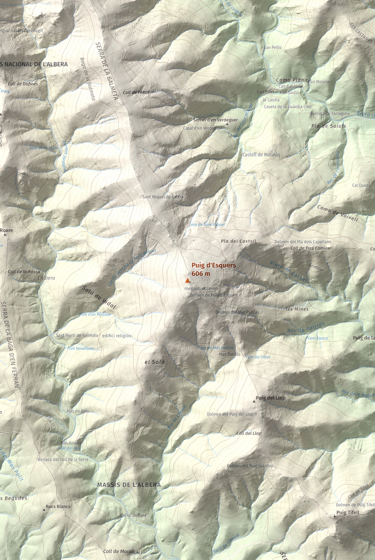 Mapa topográfico del relieve: Puig d'Esquers, 606 m. Detalle de la zona central. 61 × 91 cm.