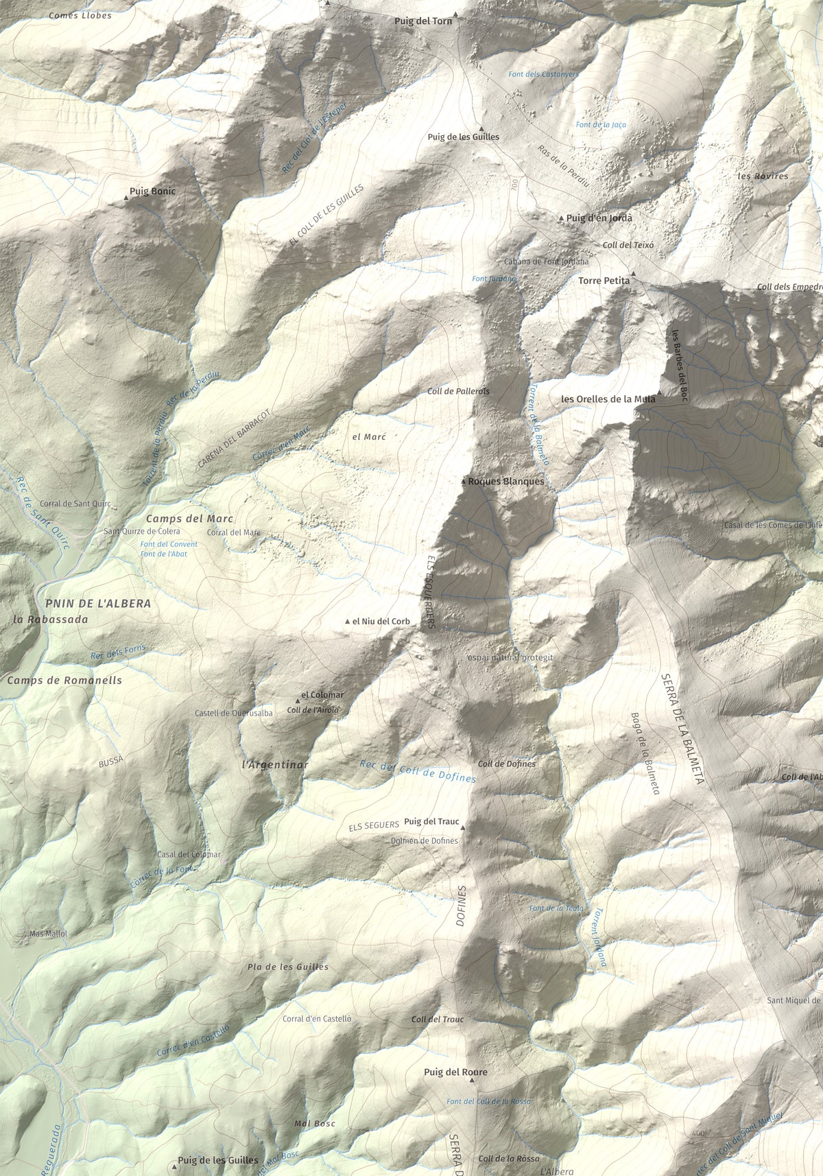 Mapa topográfico del relieve: Puig d'Esquers, 606 m. Detalle de la zona superior izquierda. 70 × 100 cm.