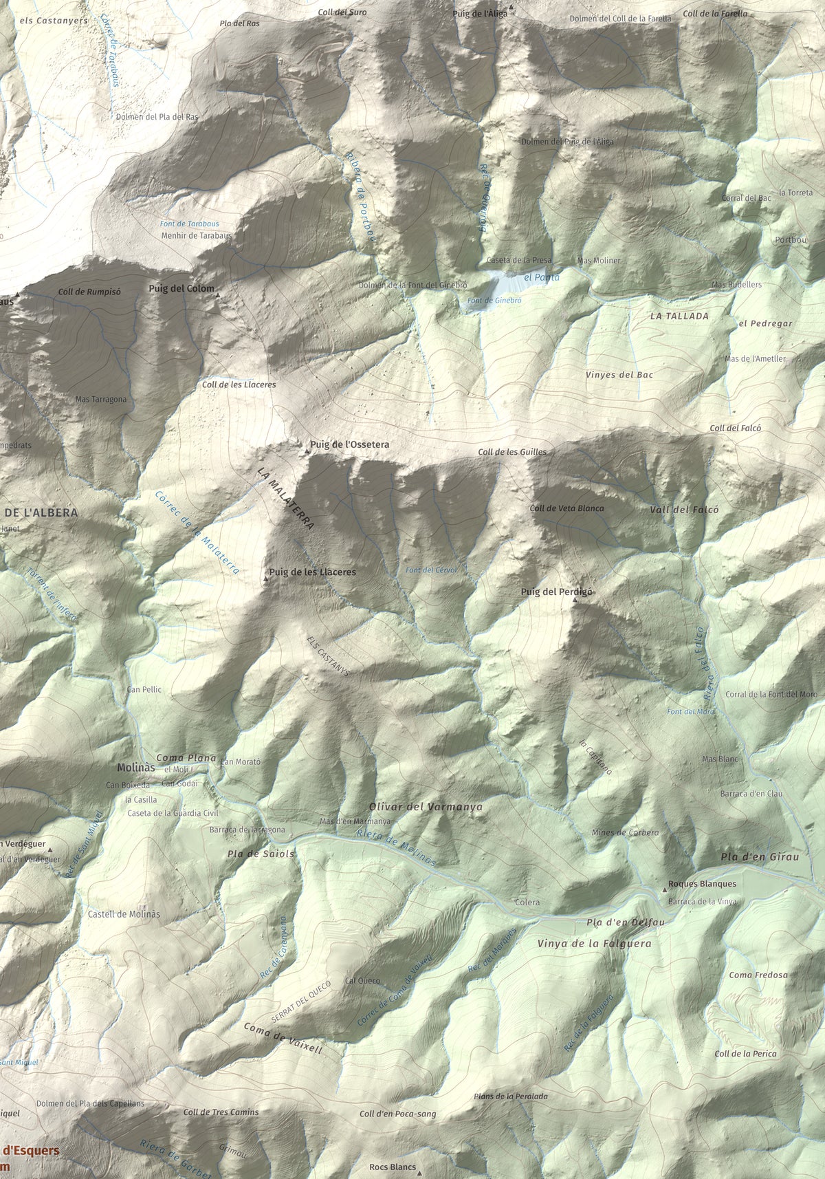 Mapa topográfico del relieve: Puig d'Esquers, 606 m. Detalle de la zona superior derecha. 70 × 100 cm.