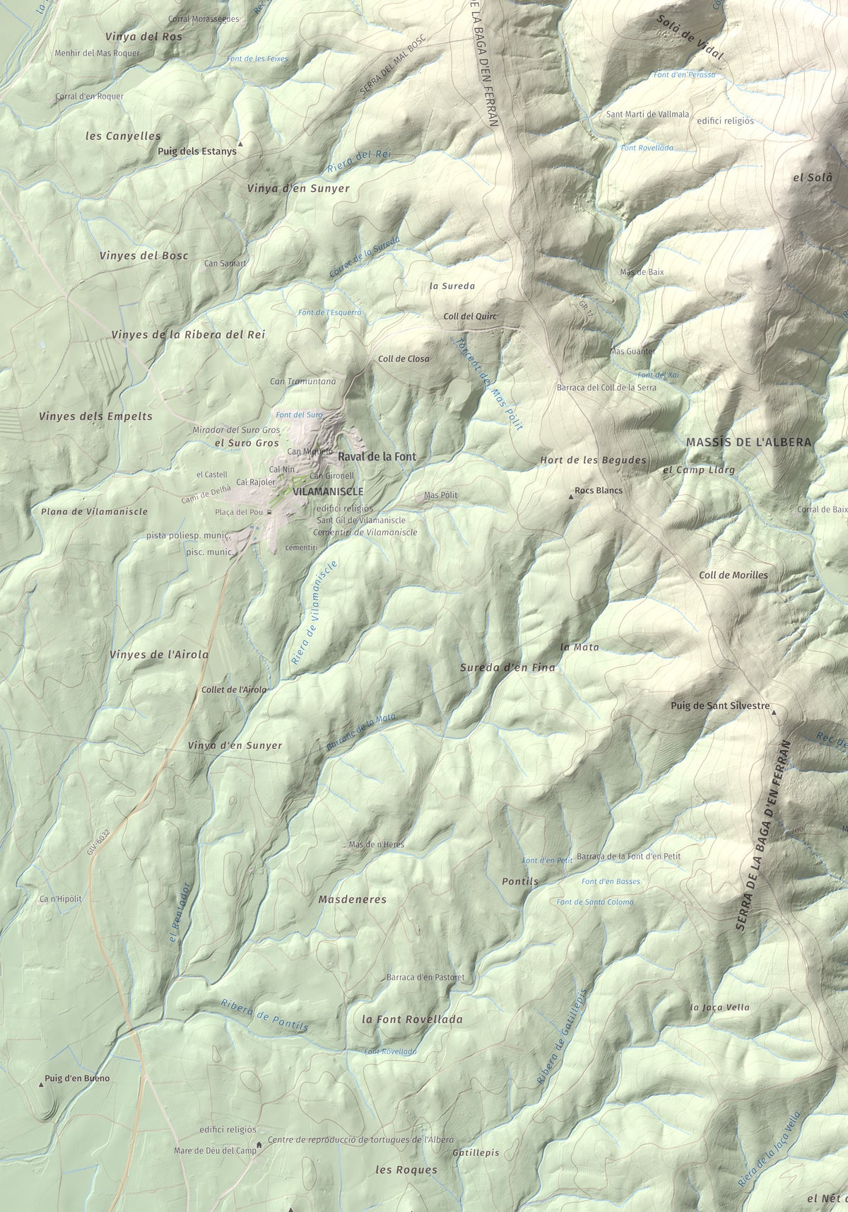 Mapa topográfico del relieve: Puig d'Esquers, 606 m. Detalle de la zona inferior izquierda. 70 × 100 cm.