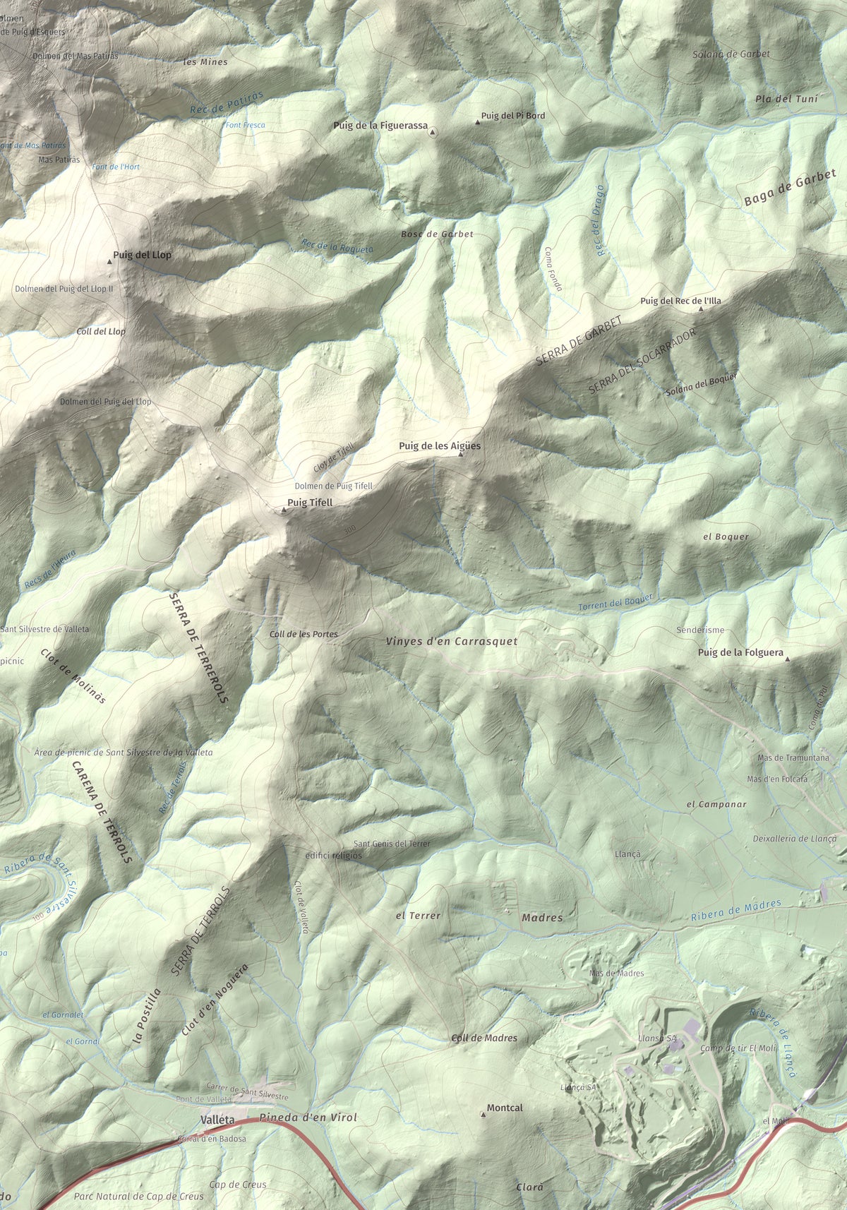 Mapa topográfico del relieve: Puig d'Esquers, 606 m. Detalle de la zona inferior derecha. 70 × 100 cm.