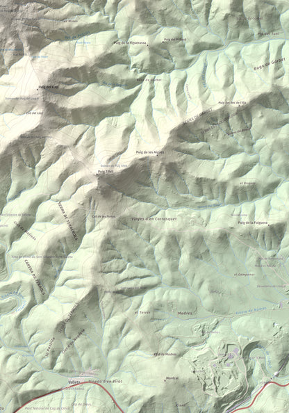 Mapa topográfico del relieve: Puig d'Esquers, 606 m. Detalle de la zona inferior derecha. 70 × 100 cm.