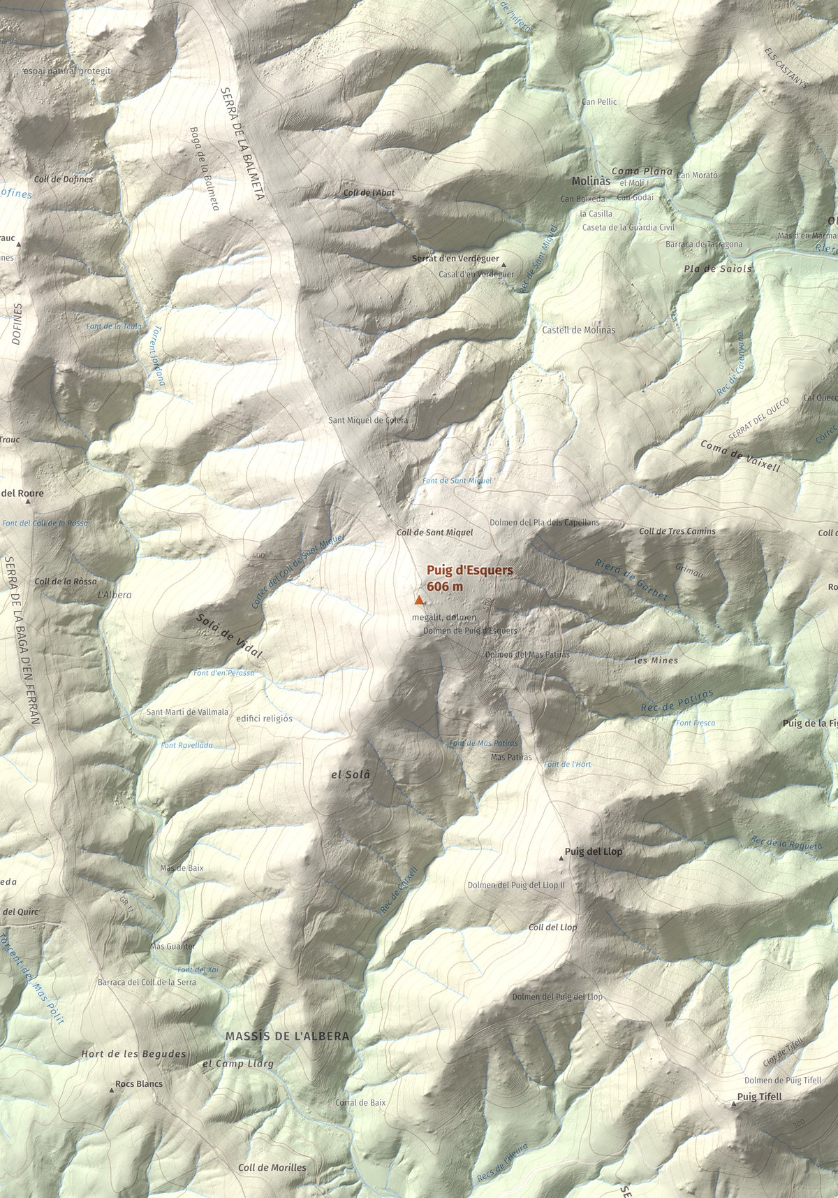 Mapa topográfico del relieve: Puig d'Esquers, 606 m. Detalle de la zona central. 70 × 100 cm.