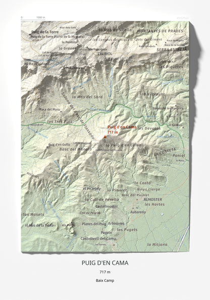 Mapa topográfico del relieve: Puig d'en Cama, 717 m. Lámina completa. 21 × 30 cm.