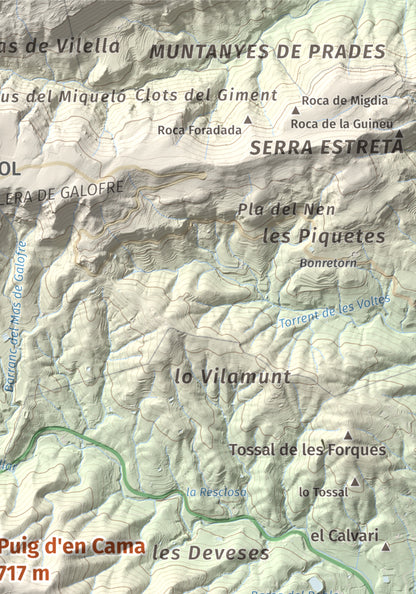 Mapa topográfico del relieve: Puig d'en Cama, 717 m. Detalle de la zona superior derecha. 21 × 30 cm.
