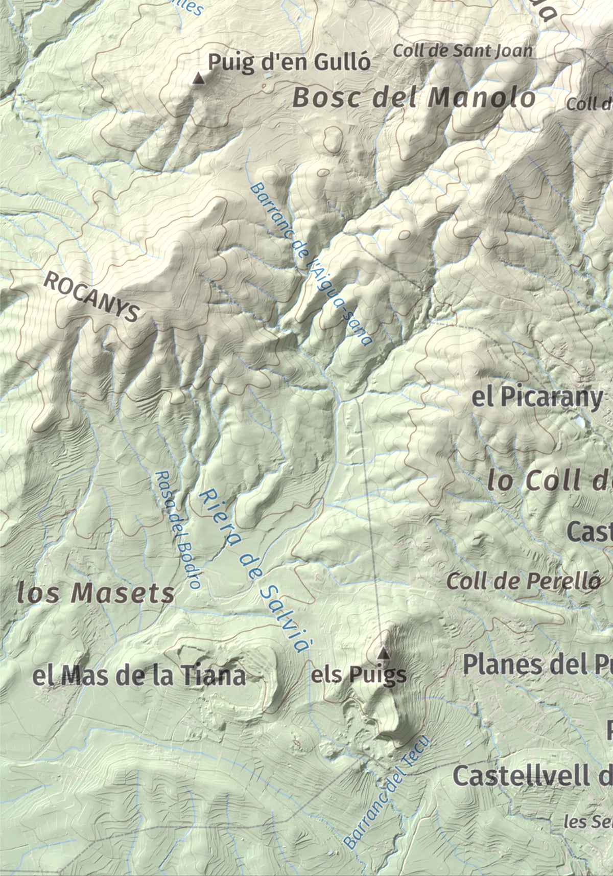 Mapa topográfico del relieve: Puig d'en Cama, 717 m. Detalle de la zona inferior izquierda. 21 × 30 cm.