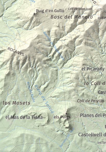 Mapa topográfico del relieve: Puig d'en Cama, 717 m. Detalle de la zona inferior izquierda. 21 × 30 cm.