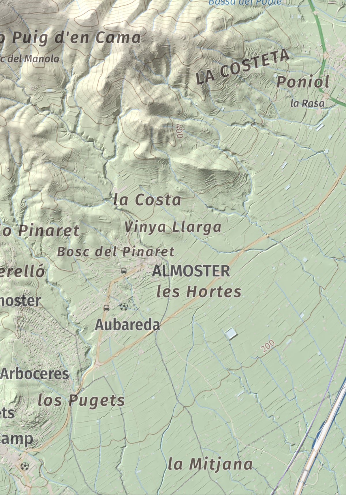 Mapa topográfico del relieve: Puig d'en Cama, 717 m. Detalle de la zona inferior derecha. 21 × 30 cm.
