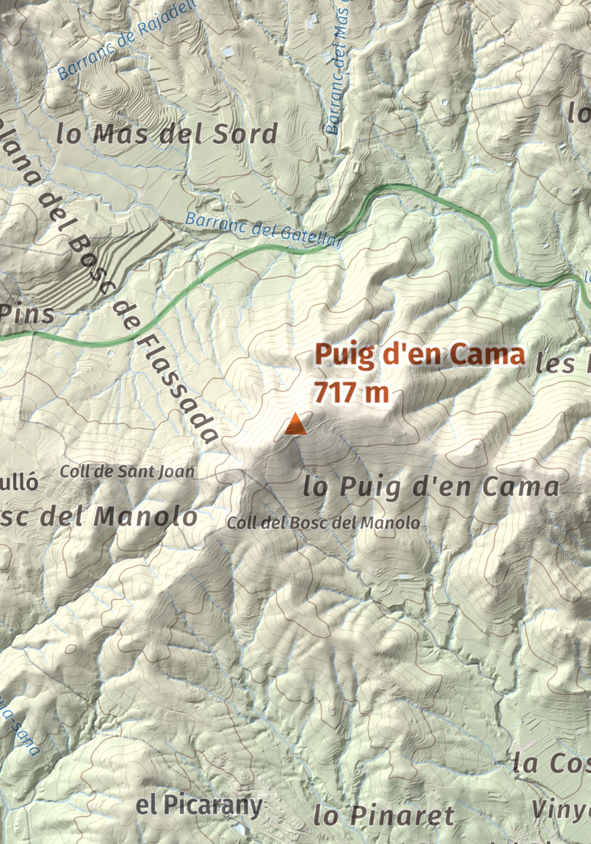 Mapa topográfico del relieve: Puig d'en Cama, 717 m. Detalle de la zona central. 21 × 30 cm.