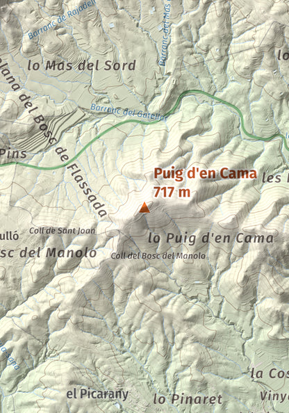 Mapa topográfico del relieve: Puig d'en Cama, 717 m. Detalle de la zona central. 21 × 30 cm.