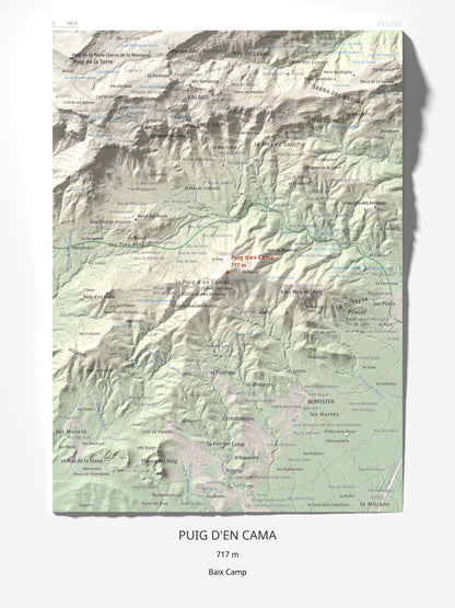 Mapa topográfico del relieve: Puig d'en Cama, 717 m. Lámina completa. 30 × 40 cm.