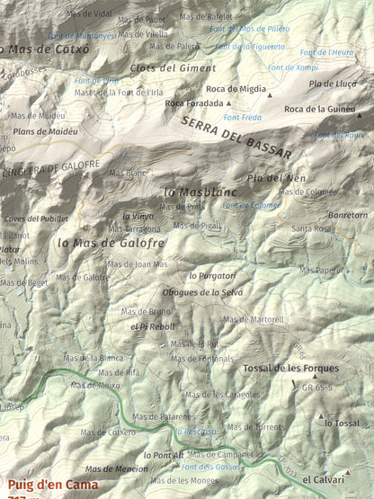 Mapa topográfico del relieve: Puig d'en Cama, 717 m. Detalle de la zona superior derecha. 30 × 40 cm.
