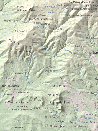 Mapa topográfico del relieve: Puig d'en Cama, 717 m. Detalle de la zona inferior izquierda. 30 × 40 cm.