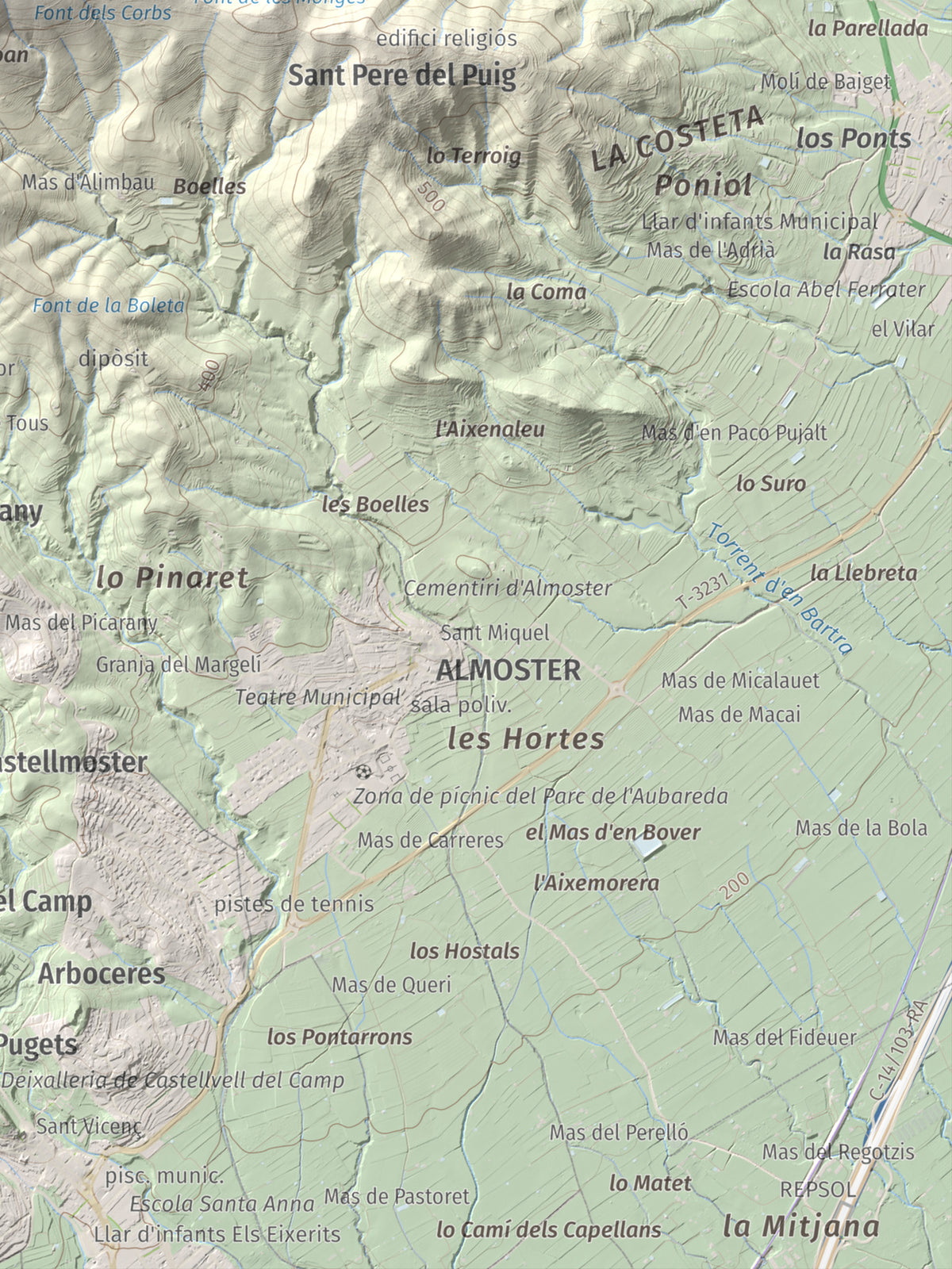 Mapa topográfico del relieve: Puig d'en Cama, 717 m. Detalle de la zona inferior derecha. 30 × 40 cm.