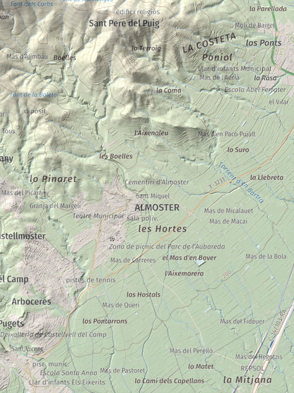 Mapa topográfico del relieve: Puig d'en Cama, 717 m. Detalle de la zona inferior derecha. 30 × 40 cm.