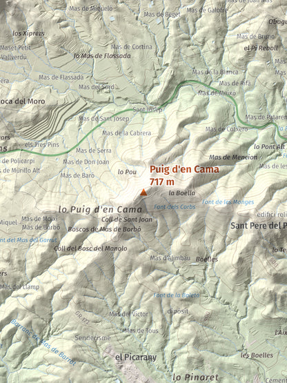 Mapa topográfico del relieve: Puig d'en Cama, 717 m. Detalle de la zona central. 30 × 40 cm.