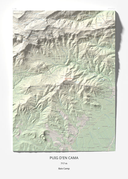 Mapa topográfico del relieve: Puig d'en Cama, 717 m. Lámina completa. 50 × 70 cm.