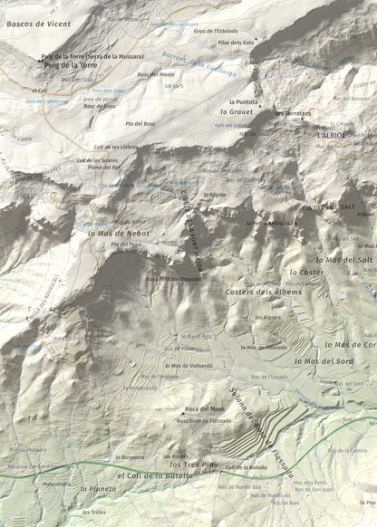 Mapa topográfico del relieve: Puig d'en Cama, 717 m. Detalle de la zona superior izquierda. 50 × 70 cm.