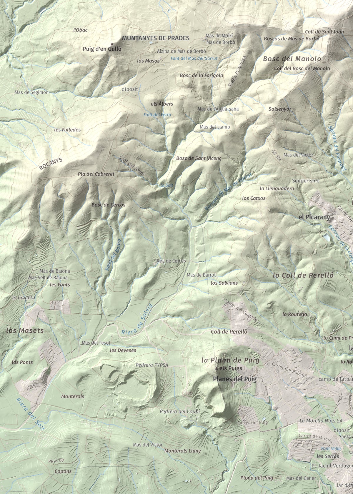 Mapa topográfico del relieve: Puig d'en Cama, 717 m. Detalle de la zona inferior izquierda. 50 × 70 cm.