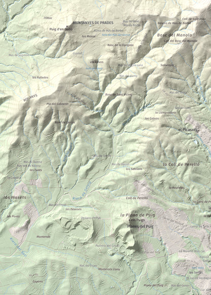 Mapa topográfico del relieve: Puig d'en Cama, 717 m. Detalle de la zona inferior izquierda. 50 × 70 cm.