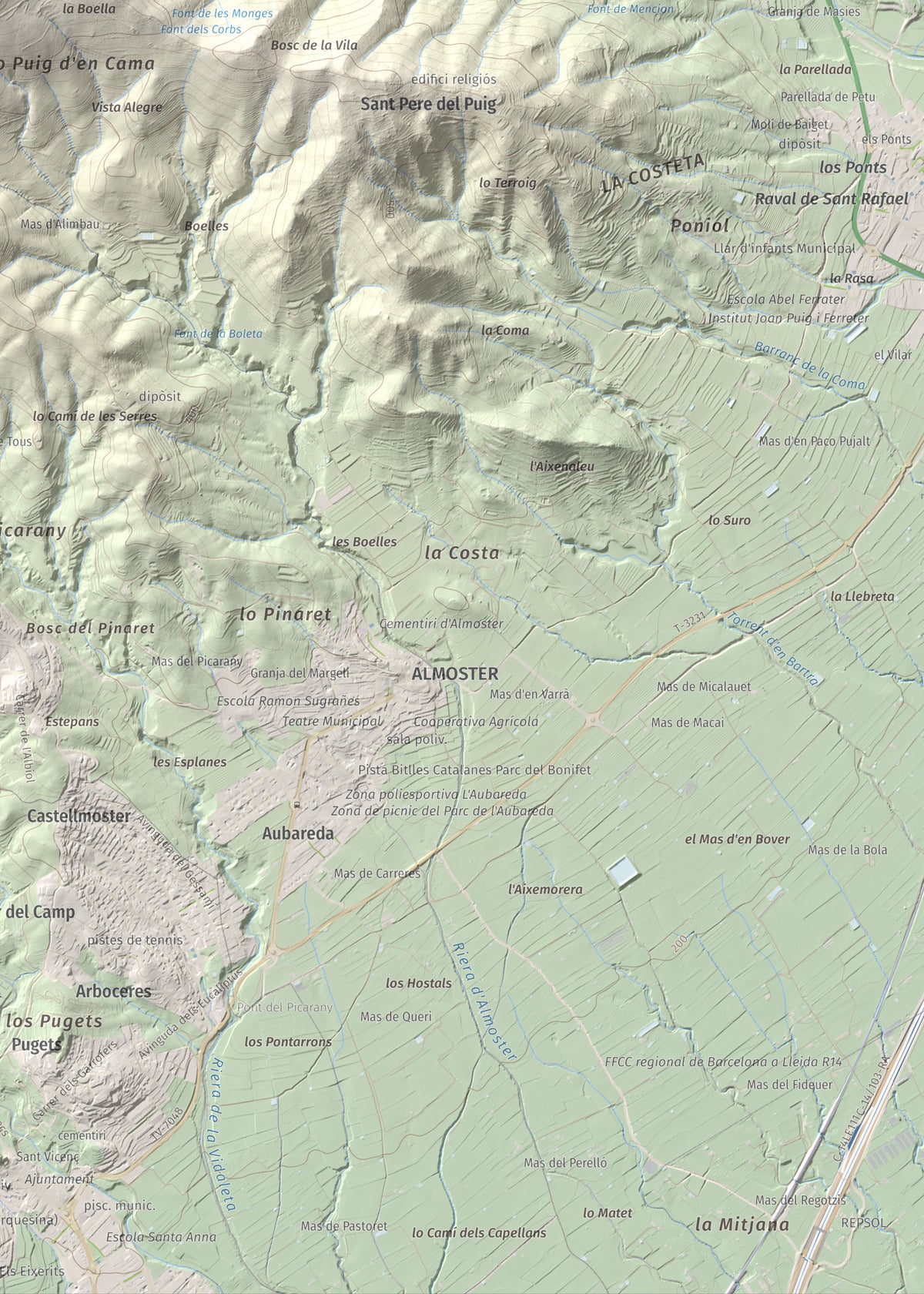 Mapa topográfico del relieve: Puig d'en Cama, 717 m. Detalle de la zona inferior derecha. 50 × 70 cm.