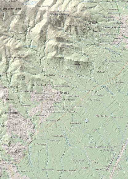 Mapa topográfico del relieve: Puig d'en Cama, 717 m. Detalle de la zona inferior derecha. 50 × 70 cm.