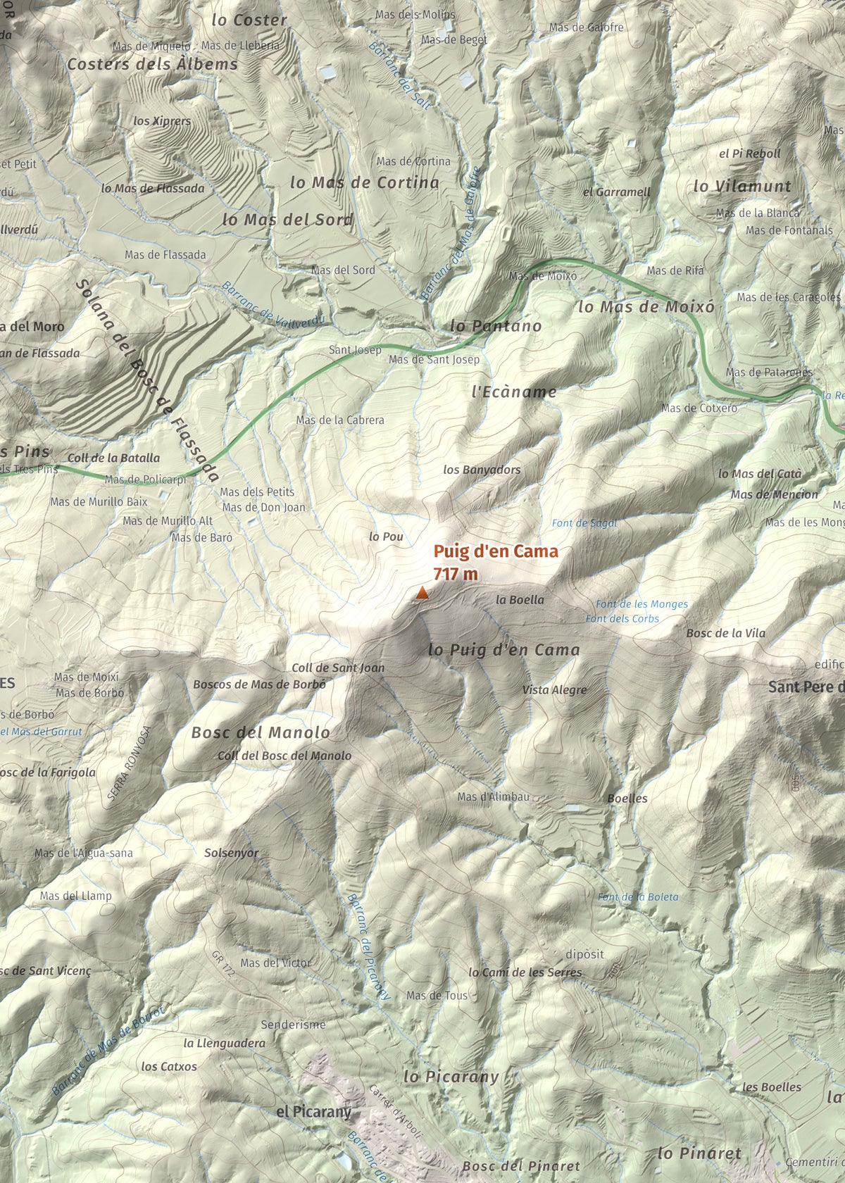 Mapa topográfico del relieve: Puig d'en Cama, 717 m. Detalle de la zona central. 50 × 70 cm.