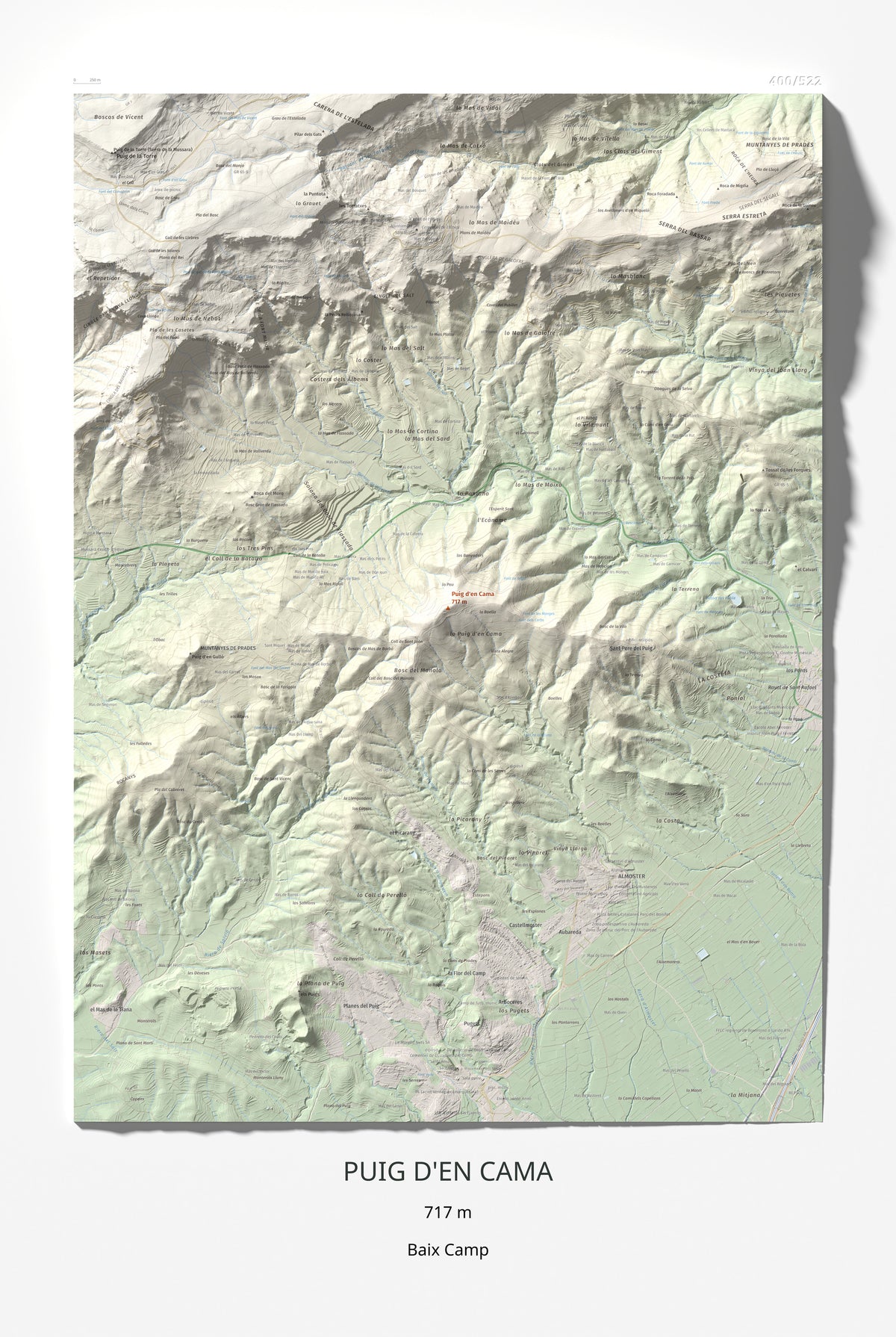 Mapa topográfico del relieve: Puig d'en Cama, 717 m. Lámina completa. 61 × 91 cm.