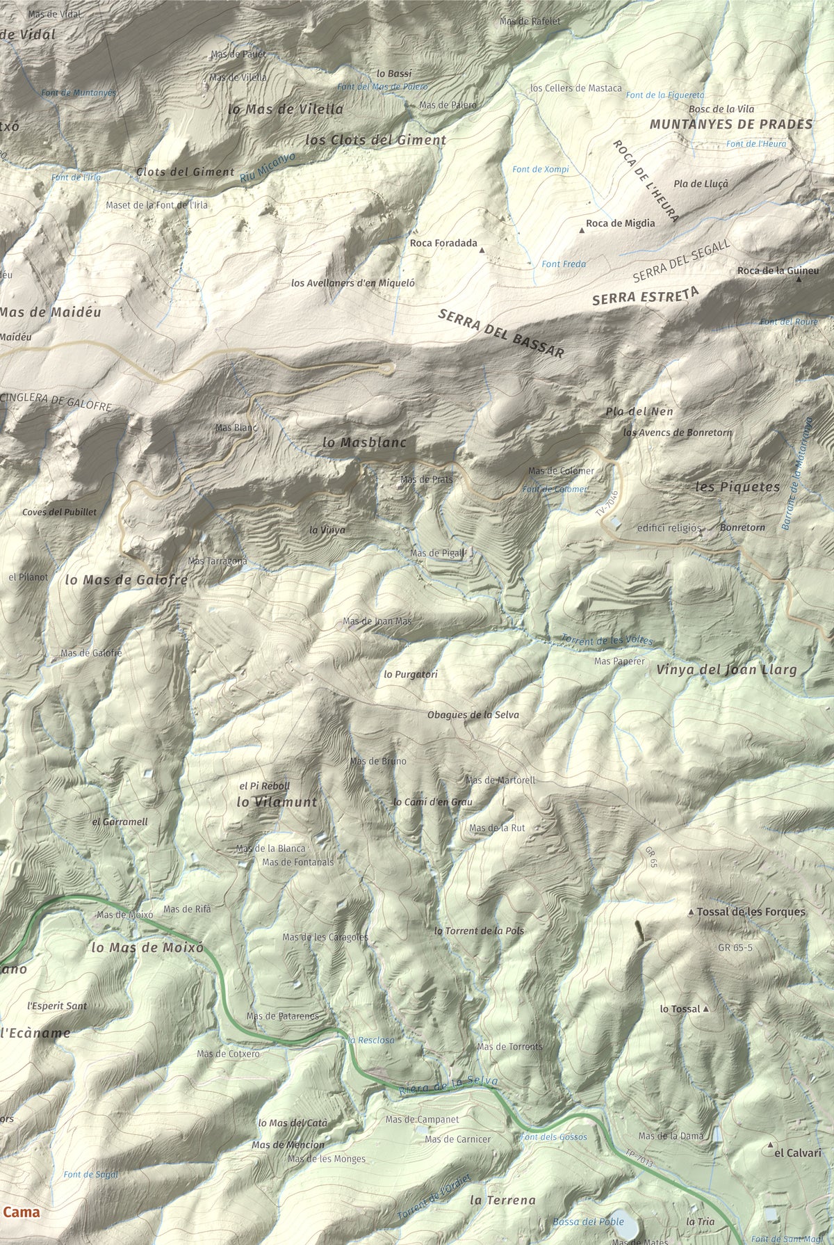 Mapa topográfico del relieve: Puig d'en Cama, 717 m. Detalle de la zona superior derecha. 61 × 91 cm.
