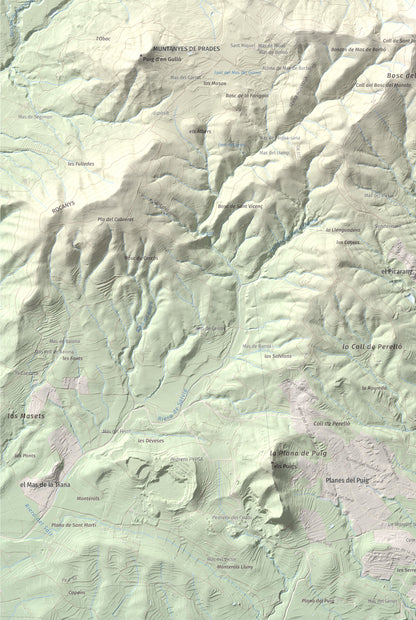 Mapa topográfico del relieve: Puig d'en Cama, 717 m. Detalle de la zona inferior izquierda. 61 × 91 cm.