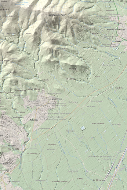 Mapa topográfico del relieve: Puig d'en Cama, 717 m. Detalle de la zona inferior derecha. 61 × 91 cm.