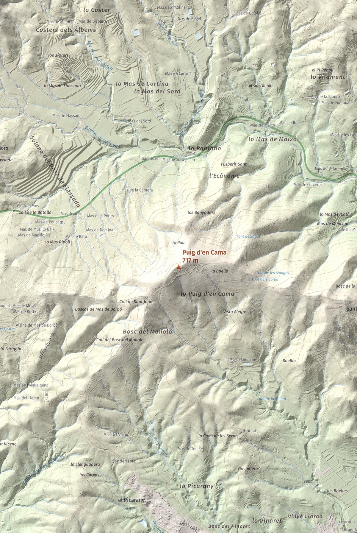Mapa topográfico del relieve: Puig d'en Cama, 717 m. Detalle de la zona central. 61 × 91 cm.