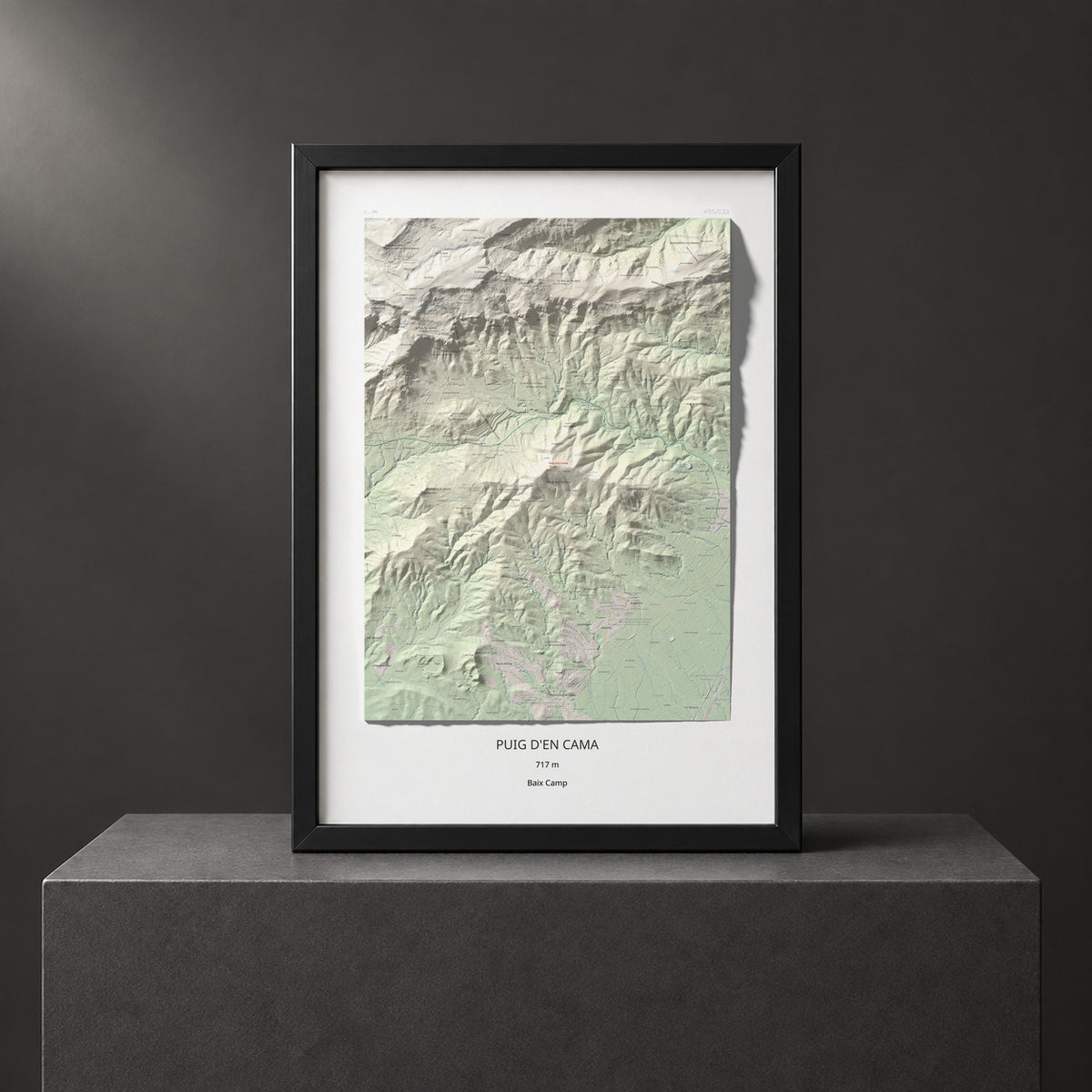 Mapa topográfico del relieve: Puig d'en Cama, 717 m. Presentación enmarcada. 70 × 100 cm.
