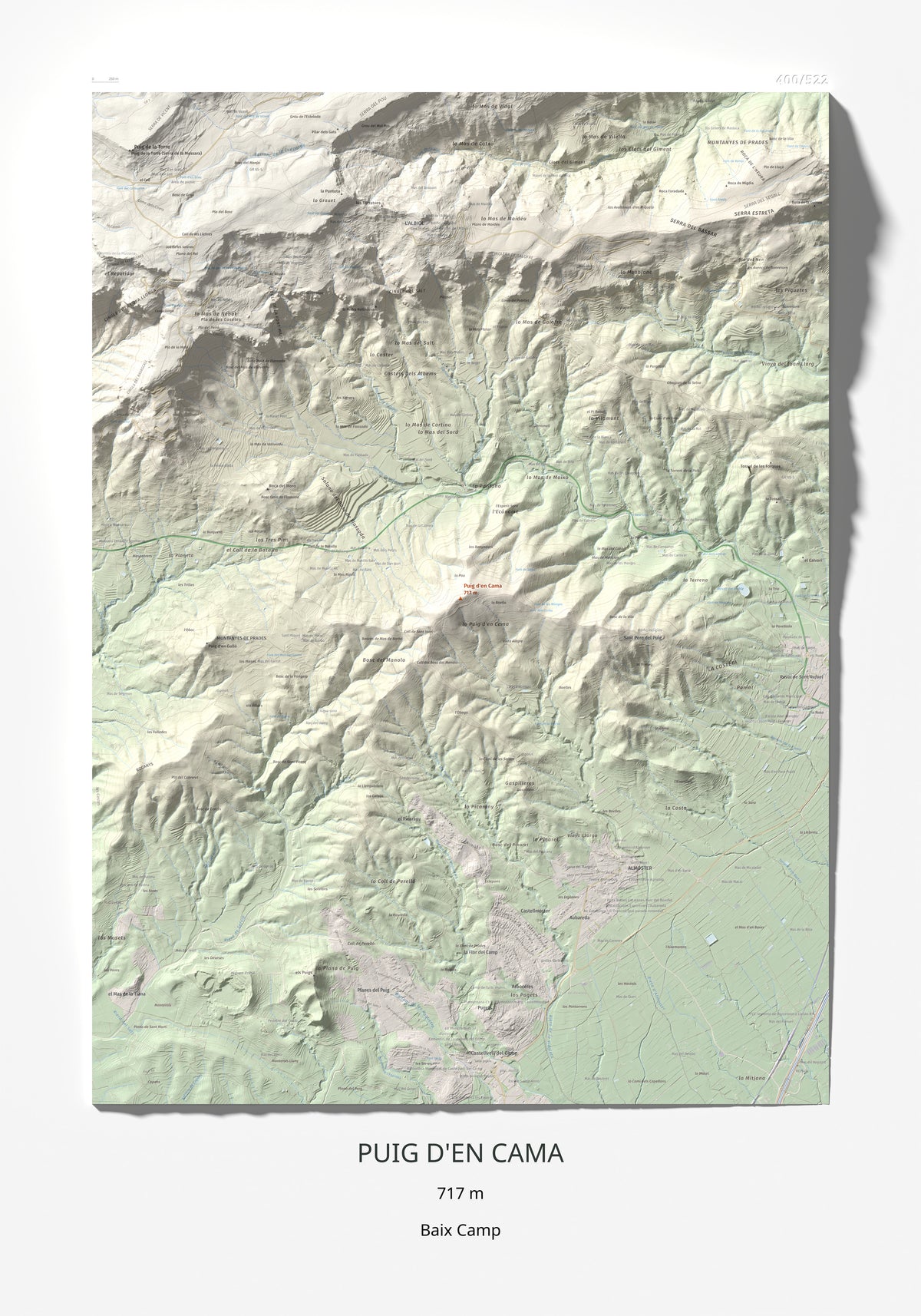 Mapa topográfico del relieve: Puig d'en Cama, 717 m. Lámina completa. 70 × 100 cm.