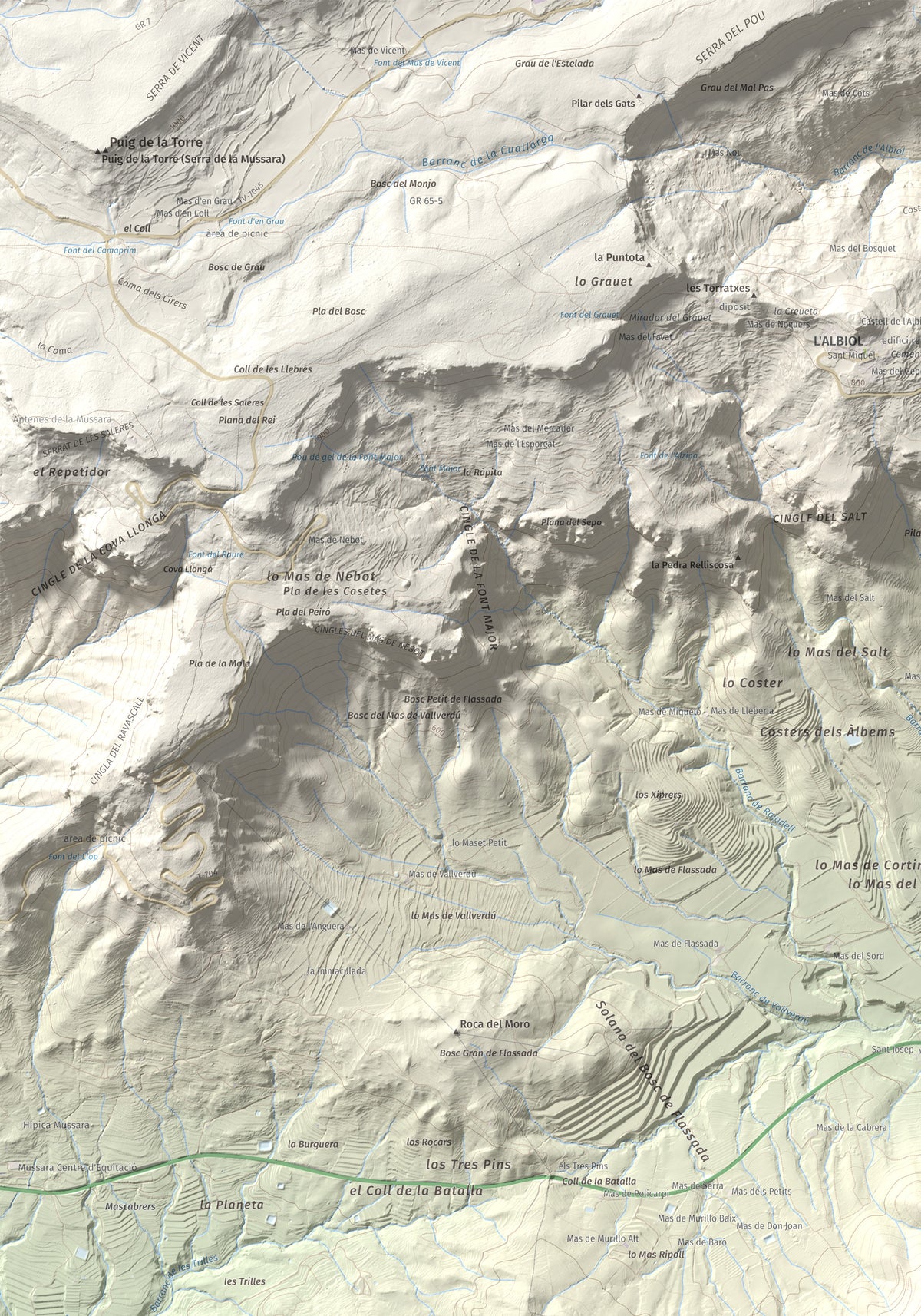 Mapa topográfico del relieve: Puig d'en Cama, 717 m. Detalle de la zona superior izquierda. 70 × 100 cm.