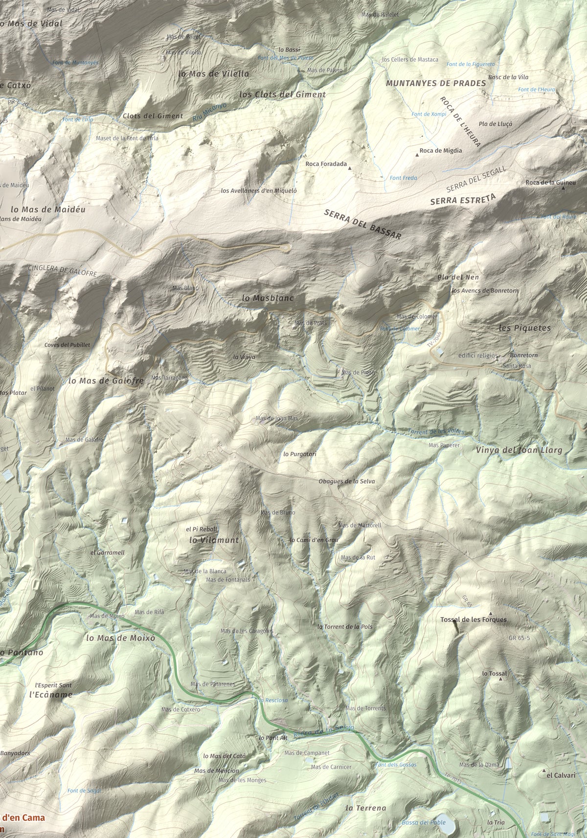 Mapa topográfico del relieve: Puig d'en Cama, 717 m. Detalle de la zona superior derecha. 70 × 100 cm.