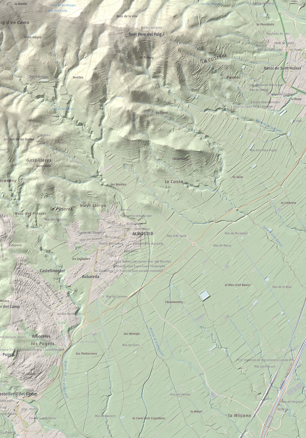 Mapa topográfico del relieve: Puig d'en Cama, 717 m. Detalle de la zona inferior derecha. 70 × 100 cm.