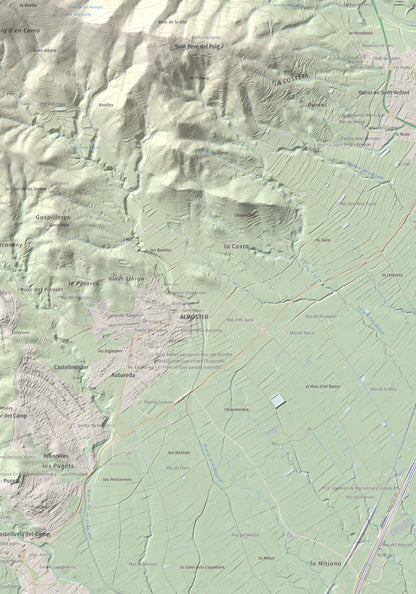 Mapa topográfico del relieve: Puig d'en Cama, 717 m. Detalle de la zona inferior derecha. 70 × 100 cm.