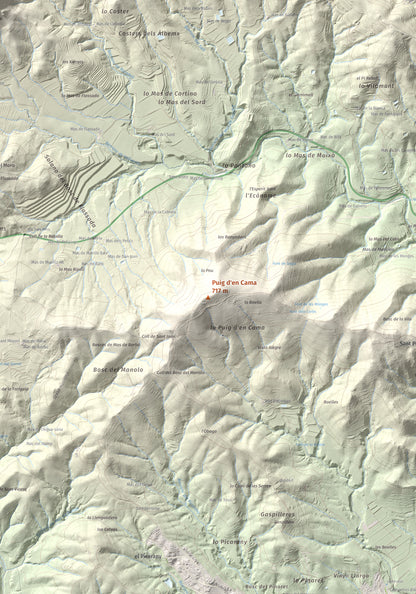 Mapa topográfico del relieve: Puig d'en Cama, 717 m. Detalle de la zona central. 70 × 100 cm.